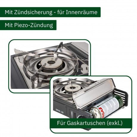BRUNNER BRUNNER Gaskocher BRUNNER DEVIL SD NG Camping Gaskocher Set Zundsicherung, Vielseitig, (Gaskocher + Grillplatte) Газовая плиа BRUNNER BRUNNER DEVIL SD NG комплект газовых плит для кемпинга предохранитель зажигания, универсальный, (газовая плита +