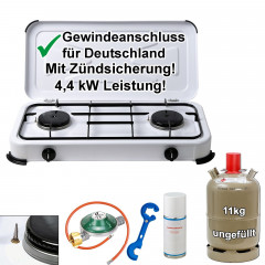 BlueCraft BlueCraft Gaskocher 2-flammig mit Zundsicherung, Gasschlauch 100 cm, Gasregler 50 mbar, mit Propan Gasflasche 11 kg ungefullt-leer 2 in 1 Gasreglerloser  Газовая плита BlueCraft, 2 пламени, с запальным предохранителем, газовый шланг 100 см, газо