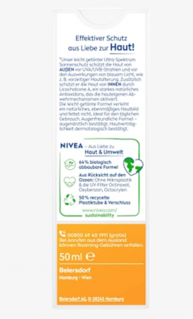 NIVEA SUN Sonnenfluid Gesicht mattierend & hell getönt LSF 50, 50 ml, Матирующий и слегка тонирующий солнцезащитный флюид для лица SPF 50, 50 мл