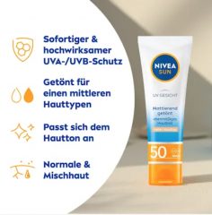 NIVEA SUN Sonnenfluid Gesicht mattierend &amp; hell getönt LSF 50, 50 ml, Матирующий и слегка тонирующий солнцезащитный флюид для лица SPF 50, 50 мл