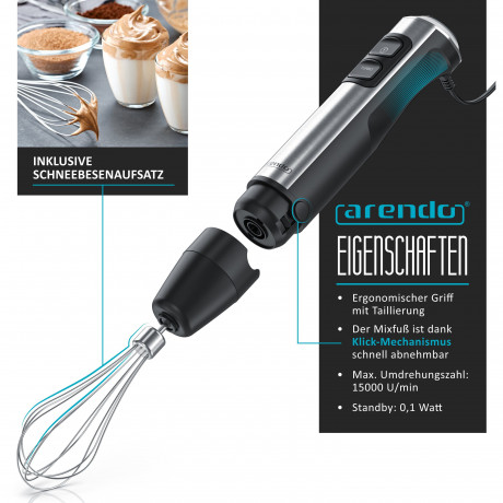 Arendo Arendo Stabmixer, 1200 W, Edelstahl, mit Schneebesenaufsatz, Purierstab mit abnehmbarem Mixfuss  Ручной блендер Arendo, 1200 Вт, нержавеющая сталь, с насадкой-венчиком, очищающий стержень со съемной ножкой для смешивания