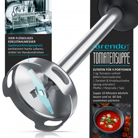 Arendo Arendo Stabmixer, 1200 W, Edelstahl, mit Schneebesenaufsatz, Purierstab mit abnehmbarem Mixfuss  Ручной блендер Arendo, 1200 Вт, нержавеющая сталь, с насадкой-венчиком, очищающий стержень со съемной ножкой для смешивания