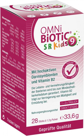 OMNi BiOTiC SR-9 Kids 28st x 2packs, Пробиотик для детей 3+, 9 штаммов бактерий + витамин B2 Поддержка кишечника и нервной системы, персиковый вкус, 28 стиков x 2уп