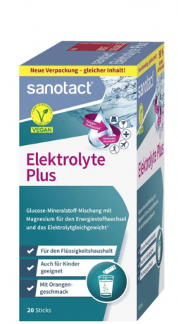 sanotact Elektrolyte Plus sticks 20st, Электролиты плюc для поддержания водно-электролитного баланса, для детей и взрослых, апельсиновый вкус, 20 стиков