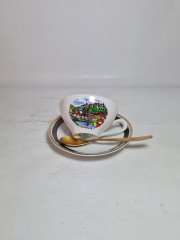 Набор для кофе винтажный Kahla GDR изображением Зальцбурга, кофейная пара (2 шт.) и ложка, фарфор, Германия, 1960-70гг.