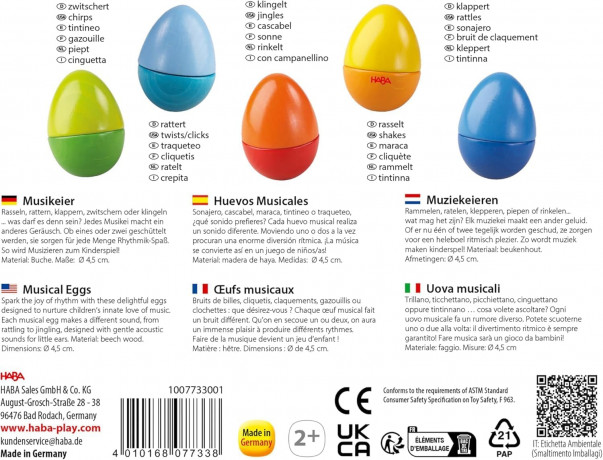 HABA Musical Eggs, HABA музыкальные яйца для детей, 5 шт, развивающие погремушки для слуха и моторики, деревянные музыкальные инструменты