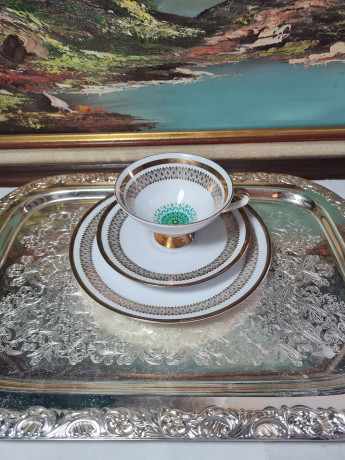 Чайное трио винтажное Winterling Marktleuthen Bavaria с зелено-золотистым декором, фарфор, Германия, 1960-70гг.