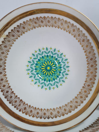 Чайное трио винтажное Winterling Marktleuthen Bavaria с зелено-золотистым декором, фарфор, Германия, 1960-70гг.