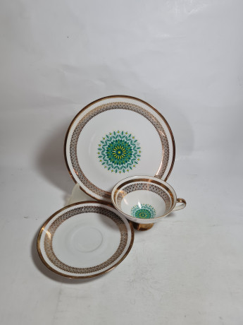 Чайное трио винтажное Winterling Marktleuthen Bavaria с зелено-золотистым декором, фарфор, Германия, 1960-70гг.