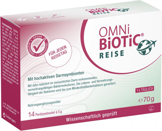 OMNi-BiOTiC Reise 14st x 5g, Пробиотик для кишечника в путешествиях, 5 млрд бактерий, поддержка кишечника и ЖКТ при смене питания, воды и климата, 14 саше х 5г