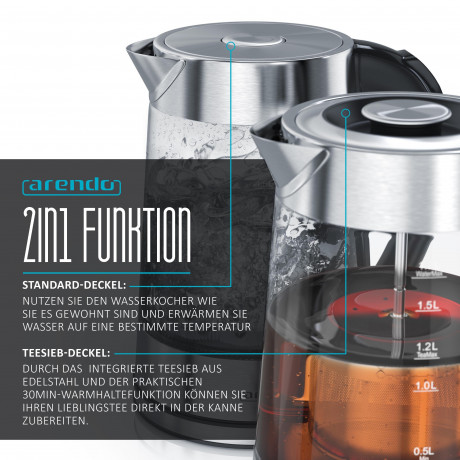 Arendo Arendo Wasserkocher, 1,7 l, 2200 W, Edelstahl Glas mit Teesieb, Teekocher, Temperaturwahl 40° C 100° C Чайник Arendo, 1,7 л, 2200 Вт, стакан из нержавеющей стали с ситечком для чая, чайник, выбор температуры 40°С 100°С