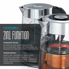 Arendo Arendo Wasserkocher, 1,7 l, 2200 W, Edelstahl  Glas mit Teesieb, Teekocher, Temperaturwahl 40° C 100° C  Чайник Arendo, 1,7 л, 2200 Вт, стакан из нержавеющей стали с ситечком для чая, чайник, выбор температуры 40°С 100°С