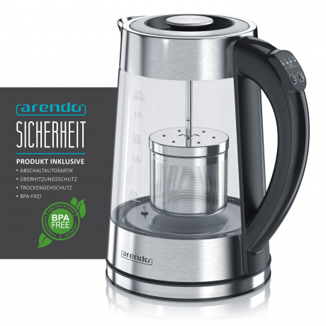 Arendo Arendo Wasserkocher, 1,7 l, 2200 W, Edelstahl Glas mit Teesieb, Teekocher, Temperaturwahl 40° C 100° C Чайник Arendo, 1,7 л, 2200 Вт, стакан из нержавеющей стали с ситечком для чая, чайник, выбор температуры 40°С 100°С
