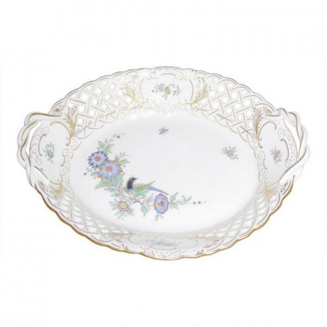 Meissen Meissen 'Neuer Ausschnitt - Indische Fels- Blumen- und Vogelmalerei 125 bunt mit Goldrand' Korb mit Durchbruch 27 cm Мейсен "Новая секция - индийские скалы, цветы и птицы, роспись 125 разноцветных с золотым ободком" корзина с прорывом 27 см