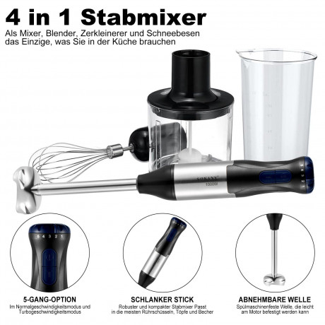 Rosnek Rosnek Handmixer Mixer,1000 W, 4 IN 1, 5-Gang-Einstellung,schwarz, 1000 W, inklusive Schneebesen, 500ml Zerkleinerer und 700ml Messbecher  Ручной миксер Rosnek, 1000 Вт, 4 IN 1, 5-скоростной режим, черный, 1000 Вт, включая венчик, измельчитель на 5