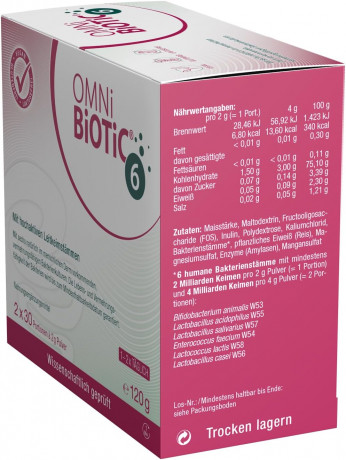 OMNI-BIOTIC 6 120g, Пробиотик для кишечника и микрофлоры, от вздутия и дискомфорта, 6 штаммов бактерий, 1 млрд КОЕ в порции, без лактозы и глютена 120г (60 порций)