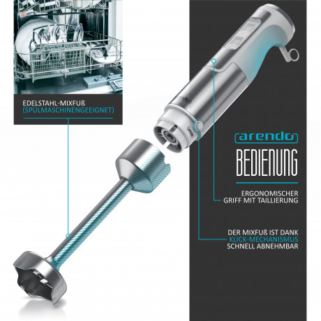 Arendo Arendo Stabmixer, 1000 W, Edelstahl mit stufenloser Geschwindigkeitsregelung, Purierstab Weiss  Погружной блендер Arendo, 1000 Вт, нержавеющая сталь с плавной регулировкой скорости, очищающий стержень белый
