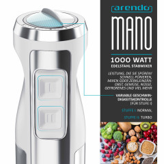 Arendo Arendo Stabmixer, 1000 W, Edelstahl mit stufenloser Geschwindigkeitsregelung, Purierstab Weiss  Погружной блендер Arendo, 1000 Вт, нержавеющая сталь с плавной регулировкой скорости, очищающий стержень белый