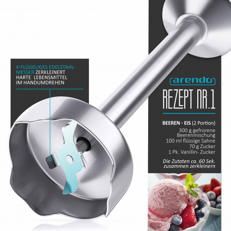 Arendo Arendo Stabmixer, 1000 W, Edelstahl mit stufenloser Geschwindigkeitsregelung, Purierstab Weiss  Погружной блендер Arendo, 1000 Вт, нержавеющая сталь с плавной регулировкой скорости, очищающий стержень белый