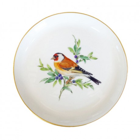 Meissen Meissen Neuer Ausschnitt - Vogel- und Insektmalerei leicht bunt mit Goldrand Teller / Wandteller 17,5 cm Мейсен Новый раздел - картина птиц и насекомых, слегка красочная, с золотой каймой / настенная тарелка 17,5 см