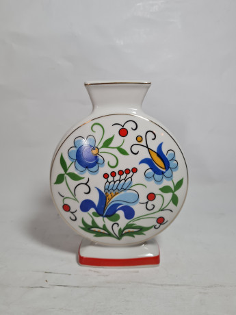Ваза винтажная Lubiana Poland необычной формы, с сине-красным декором, фарфор, 17 см, Польша, 1960-70гг.