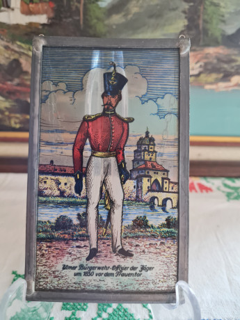 Винтажный витраж" Офицер, 1830 год", стекло, 15,5см x 9,5см, Германия, 1960-70гг.