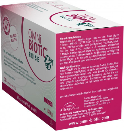 OMNi-BiOTiC Reise 28st x 5g, Пробиотик для кишечника в путешествиях, 5 млрд бактерий, поддержка кишечника и ЖКТ при смене питания, воды и климата, 28 саше х 5г