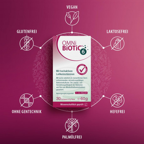 OMNI-BIOTIC 6 60g, Пробиотик для кишечника и микрофлоры, от вздутия и дискомфорта, 6 штаммов бактерий, 1 млрд КОЕ в порции, без лактозы и глютена 60г (30 порций)