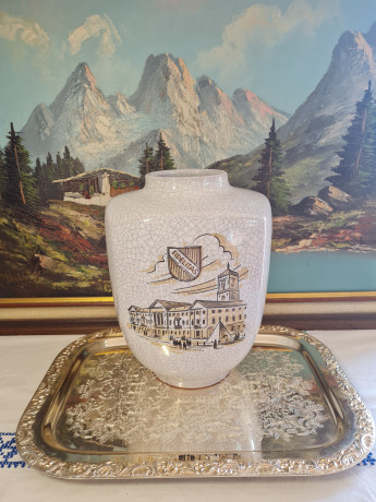 Ваза винтажная Karlsruhe, кракле с изображением городской площади, 29 x 20 см, Германия, 1960-70гг.