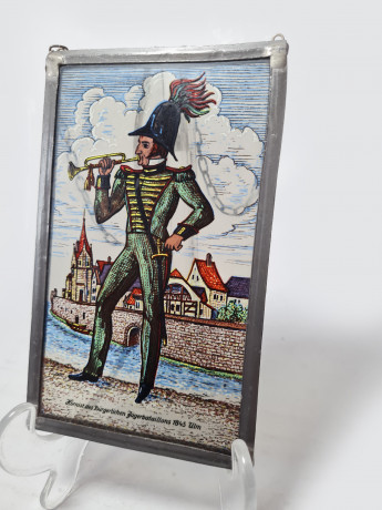 Винтажный витраж "Офицер, 1843 год", стекло, 15,5см x 9,5см, Германия, 1960-70гг.