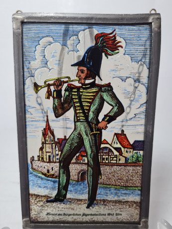 Винтажный витраж "Офицер, 1843 год", стекло, 15,5см x 9,5см, Германия, 1960-70гг.