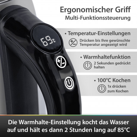 T24 T24 Wasserkocher Edelstahl Wasserkocher mit LED, LCD-Display, 40°-100°Warmhaltefunktion, 1.7 l, 2200 W  Чайник T24 Чайник из нержавеющей стали со светодиодной подсветкой, ЖК-дисплеем, функцией поддержания тепла 40°-100°, 1,7 л, 2200 Вт