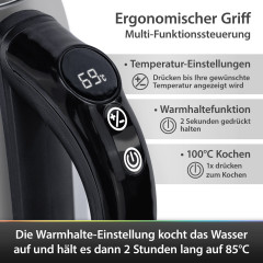 T24 T24 Wasserkocher Edelstahl Wasserkocher mit LED, LCD-Display, 40°-100°Warmhaltefunktion, 1.7 l, 2200 W  Чайник T24 Чайник из нержавеющей стали со светодиодной подсветкой, ЖК-дисплеем, функцией поддержания тепла 40°-100°, 1,7 л, 2200 Вт