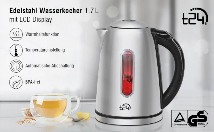 T24 T24 Wasserkocher Edelstahl Wasserkocher mit LED, LCD-Display, 40°-100°Warmhaltefunktion, 1.7 l, 2200 W  Чайник T24 Чайник из нержавеющей стали со светодиодной подсветкой, ЖК-дисплеем, функцией поддержания тепла 40°-100°, 1,7 л, 2200 Вт