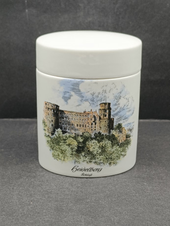 Банка для хранения винтажная AK Kaiser "Гейдельбергский замок", цилиндрической формы, фарфор, 10 х 8 см, Германия, 1970-80гг.