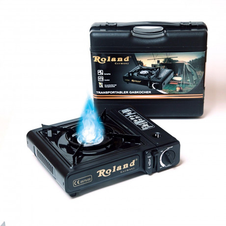 Roland Germany Roland Germany Gaskocher Campingkocher, betrieben mit Butan Gasflaschen, (1-St), Lange Brenndauer, Tragbar, inkl. Tragekoffer, stabiles Gehause Походная газовая плита Roland Germany, работает от баллонов с бутановым газом (1 шт.), длительн