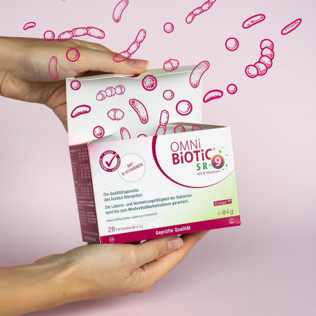 OMNi BiOTiC SR-9 with B Vitamins 28st x 2 packs(56st),  Пробиотик 2-в-1 с витаминами B2, B6, B12, 9 штаммов бактерий для кишечника и нервной системы, от усталости и стресса, 28 порций х 3г  x 2 упаковки (56 порций)