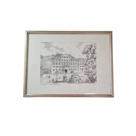 Картина в раме винтажная в черно-белых тонах "Шарлоттенплац" Brukner Stuttgart, 31,5 x 42 см, Германия, 1960-70гг.