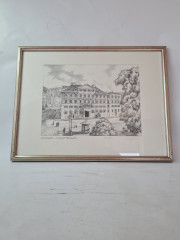 Картина в раме винтажная в черно-белых тонах &quot;Шарлоттенплац&quot; Brukner Stuttgart, 31,5 x 42 см, Германия, 1960-70гг.