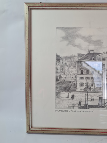 Картина в раме винтажная в черно-белых тонах "Шарлоттенплац" Brukner Stuttgart, 31,5 x 42 см, Германия, 1960-70гг.