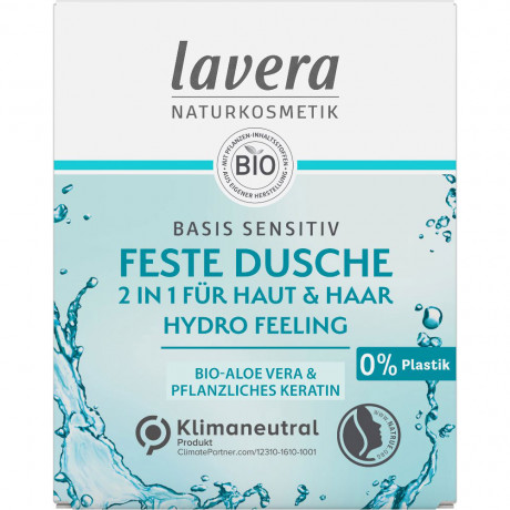 LAVERA Feste Dusche 2 in 1 basis sensitiv Hydro Feeling, 50 g, Лавера Твёрдый гель для душа 2 в 1 для мягкого очищения кожи тела и волос, био-алоэ вера и кератин, 50 г