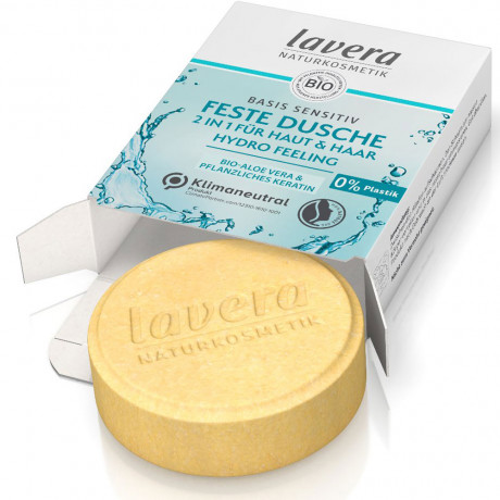 LAVERA Feste Dusche 2 in 1 basis sensitiv Hydro Feeling, 50 g, Лавера Твёрдый гель для душа 2 в 1 для мягкого очищения кожи тела и волос, био-алоэ вера и кератин, 50 г