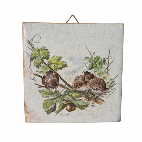 Панно винтажное Wlo "Дрозды с улиткой / Х. Арнот", керамика, 10 x 10 см, Германия, 1960-70гг.