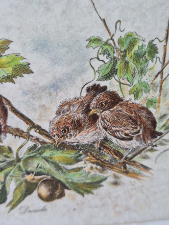 Панно винтажное Wlo "Дрозды с улиткой / Х. Арнот", керамика, 10 x 10 см, Германия, 1960-70гг.