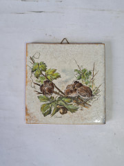 Панно винтажное Wlo &quot;Дрозды с улиткой / Х. Арнот&quot;, керамика, 10 x 10 см, Германия, 1960-70гг.