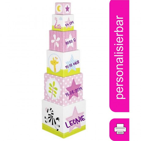 goki Stapelwurfel \/ Stapelturm Safari rosa mit Name personalisiert Штабелируемые кубики / штабелирующая башня Сафари розовый персонализированный с именем
