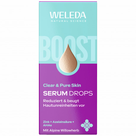 WELEDA Clear & Pure Skin Serum Booster Drops, 30 ml, Очищающие капли-сыворотка Clear & Pure с цинком PCA, азелаиновой кислотой и AHA без отдушки, 30 мл