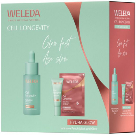 WELEDA Cell Longevity Hydra Glow Geschenkpackung, 30 ml + 20 ml + 1 Paar Augenpads, Подарочный набор Hydra Glow: сыворотка HA7 30 мл, гель-крем 20 мл и одна пара патчей для глаз