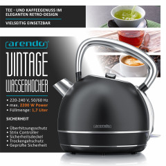 Arendo Arendo Wasserkocher, 1,7 l, 2200 W, Edelstahl Retrostyle Vintage, Uberhitzung  Trockenkochschutz, schwarz  Чайник Arendo, 1,7 л, 2200 Вт, нержавеющая сталь, ретро-стиль, винтаж, защита от перегрева и выкипания, черный