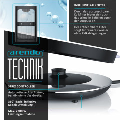 Arendo Arendo Wasserkocher, 1,7 l, 2200 W, Edelstahl Retrostyle Vintage, Uberhitzung  Trockenkochschutz, schwarz  Чайник Arendo, 1,7 л, 2200 Вт, нержавеющая сталь, ретро-стиль, винтаж, защита от перегрева и выкипания, черный